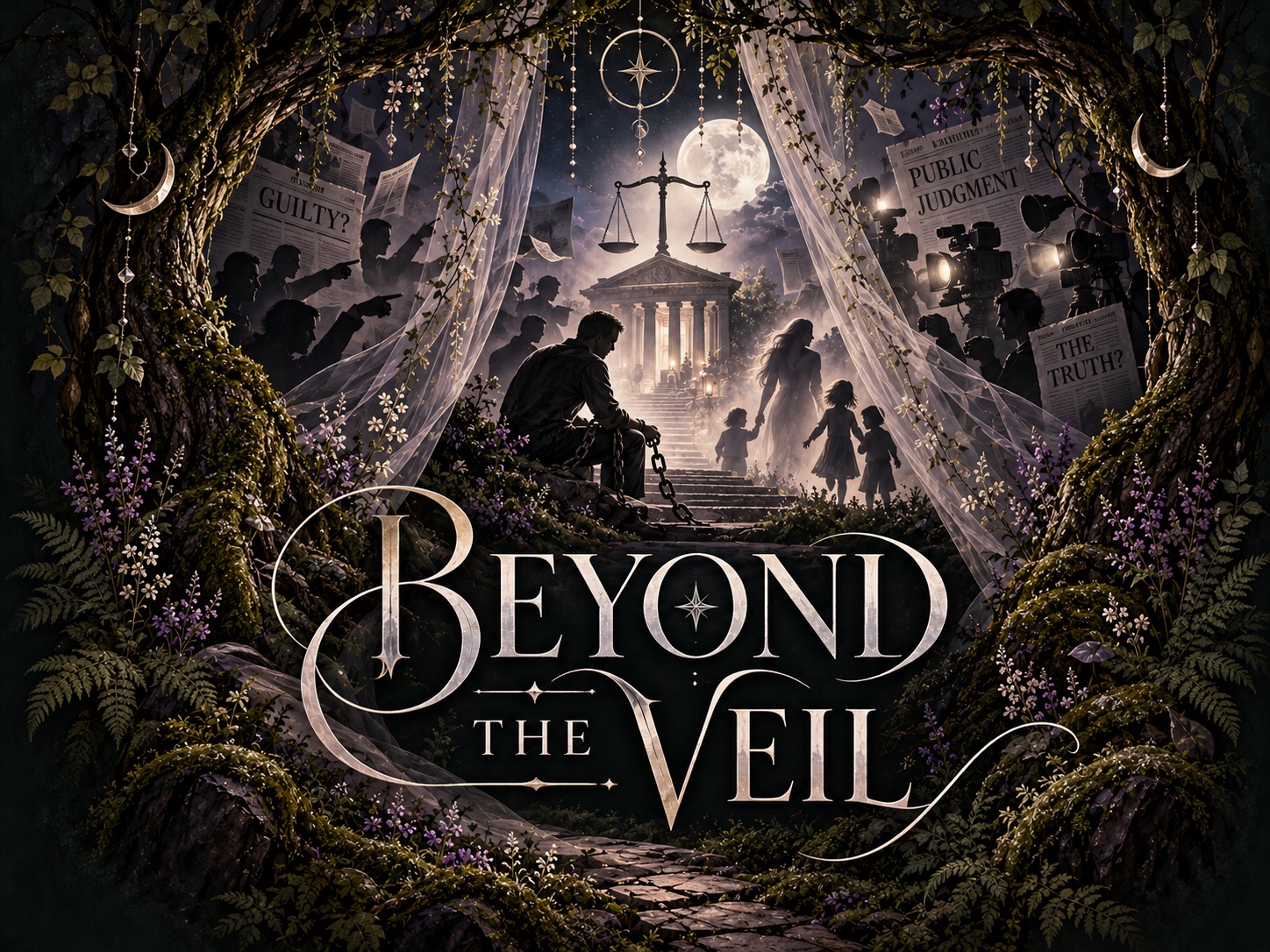 Beyond the Veil illustration: a moonlit forest opens through sheer curtains toward scales of justice and a courthouse. A chained man sits apart from his family while public judgment and media surround them.